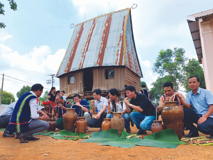 ក្រោយពិធីសែនព្រេន ភ្ញៀវទាំងឡាយរួមជាមួយអ្នកភូមិសប្បាយរីករាយនឹងពិធីផឹកស្រាអេកអំណររដូវថ្មីមួយល្អស្រស់ត្រកាល ពិធីបួងសួងសុំទឹកភ្លៀងរបស់ជនជាតិ យ៉ារ៉ាយ ảnh 3