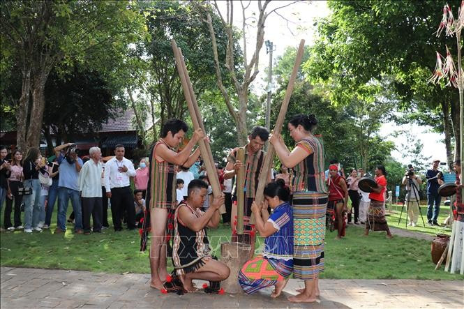 ការបង្ហាញរូបភាពបុកស្រូវយកអង្ករចិញ្ចឹមកងទ័ពរបស់បងប្អូនជនជាតិ ស្ទៀង ឡើងវិញនៅតំបន់អភិរក្សវប្បធម៌ជនជាតិ ស្ទៀង ភូមិ បំប (ស្រុក ប៊ូដាំង ខេត្ត ប៊ិញភឿក)។ រូបថត៖ ញឹតប៊ិញ - ទីភ្នាក់ងារព័ត៌មានវៀតណាម 03-potal-50-nam-thong-nhat-dat-nuoc-binh-phuoc-vang-mai-tieng-chay-tren-soc-bom-bo-stand.jpg