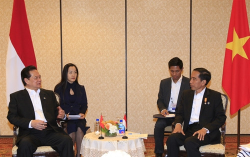 មុនកិច្ចប្រជុំកំពូលពិសេសអាស៊ាន - អាមេរិក កាលថ្ងៃទី ១៥ ខែ កុម្ភៈ ឆ្នាំ ២០១៦ (ម៉ោងក្នុងតំបន់) នៅសាន់នីលែន ទីក្រុង Palm Spring រដ្ឋកាលីហ័្វរញ៉ា សហរដ្ឋ អាមេរិក លោកនាយករដ្ឋមន្រ្តី ង្វៀនតឹនយុង អញ្ជើញជួបសវនាការជាមួយលោកប្រធានាធិបតីឥណ្ឌូនេស៊ី ចូកូ វីដូដូ។ រូបថត៖ ថុងញ៉ឹត - ទីភ្នាក់ងារព័ត៌មានវៀតណាម